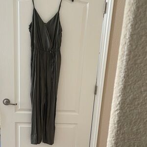 Mimi Chica Olive Green Striped Spaghetti Strap Jumpsuit , Sz M snap closure